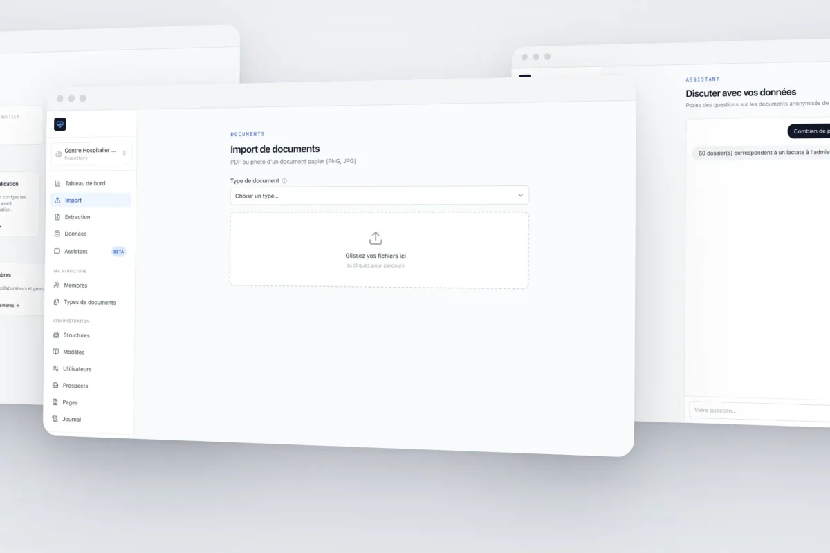Mockups de la plateforme : tableau de bord, import de documents et assistant conversationnel