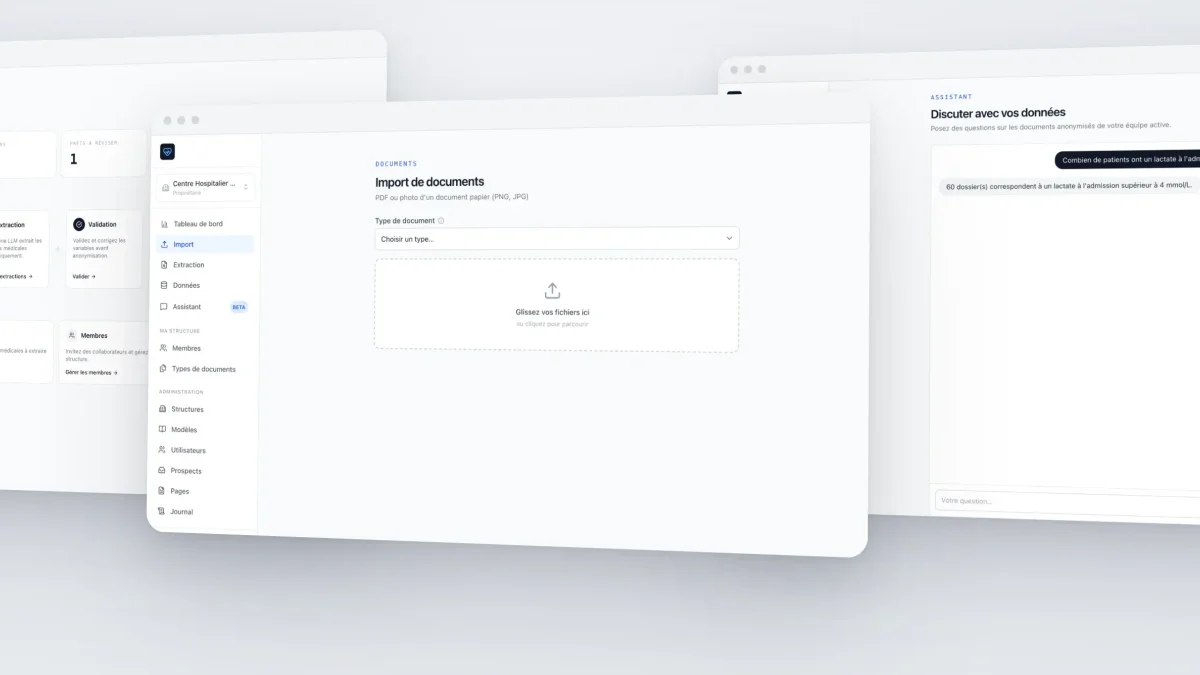 Mockups de la plateforme : tableau de bord, import de documents et assistant conversationnel