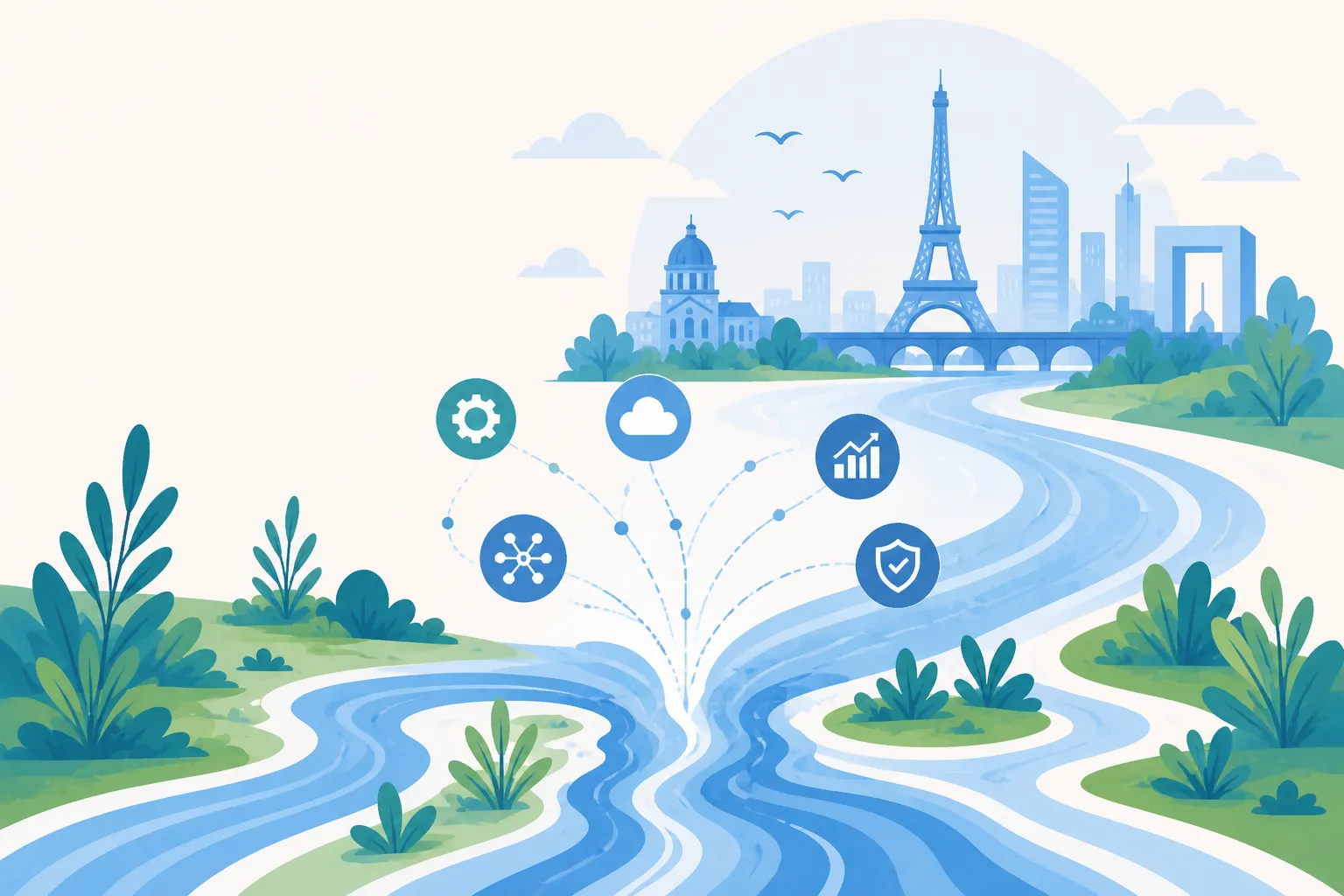 illustration vectorielle représentant Paris avec la Tour Eiffel le Panthéon et l'Arche de la Défense surplombant des rivières sinueuses stylisées ornées d'icônes technologiques flottantes symbolisant cloud computing analytics cybersécurité et connectivité réseau