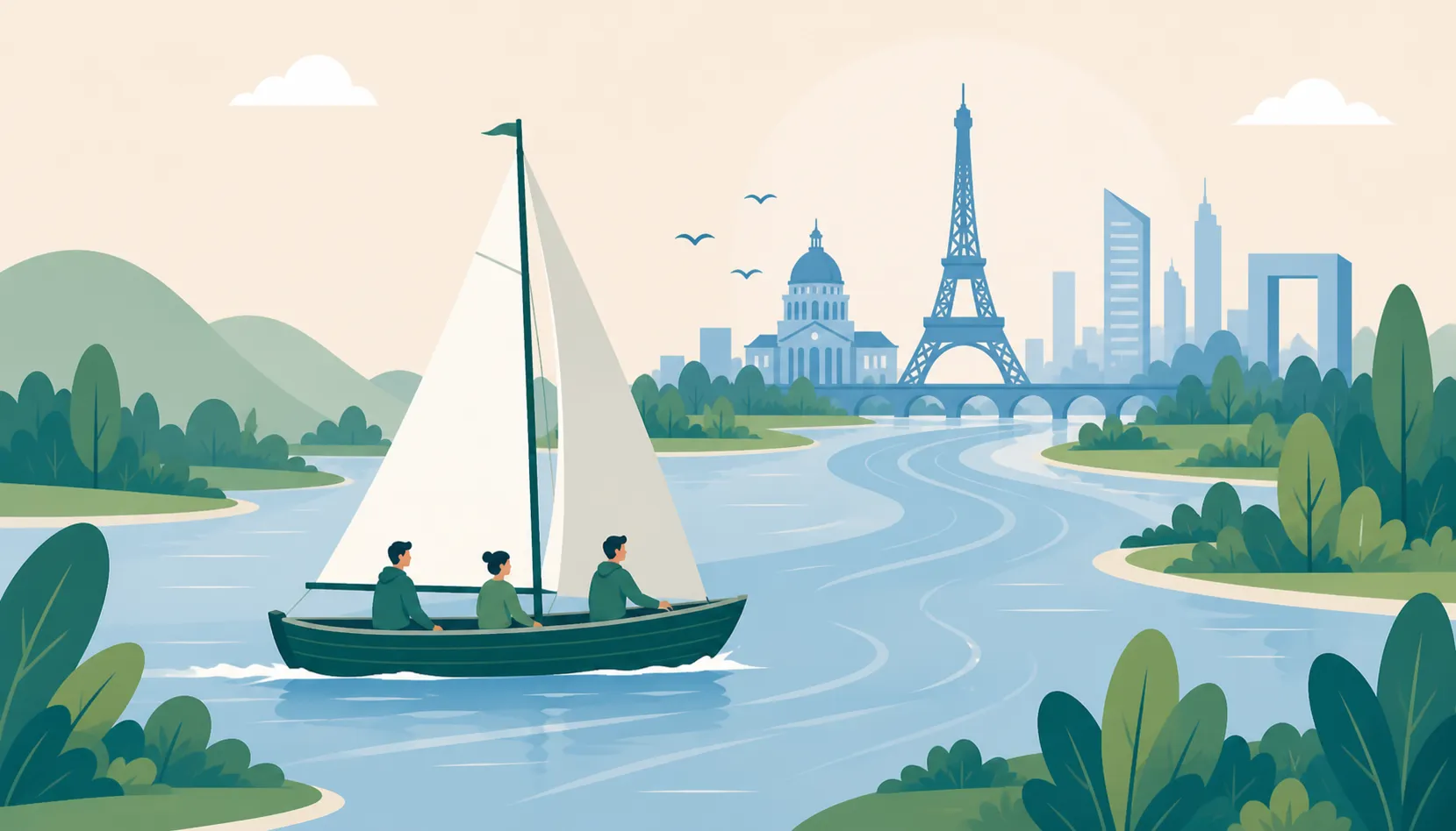 illustration de trois personnes en équipe naviguant en voilier sur la Seine vers Paris